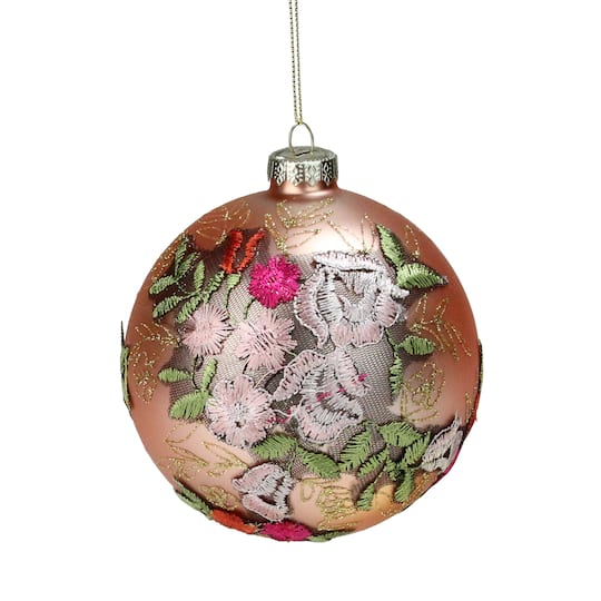 4.5&#x22; Pink Floral Applique Glass Ball Ornament